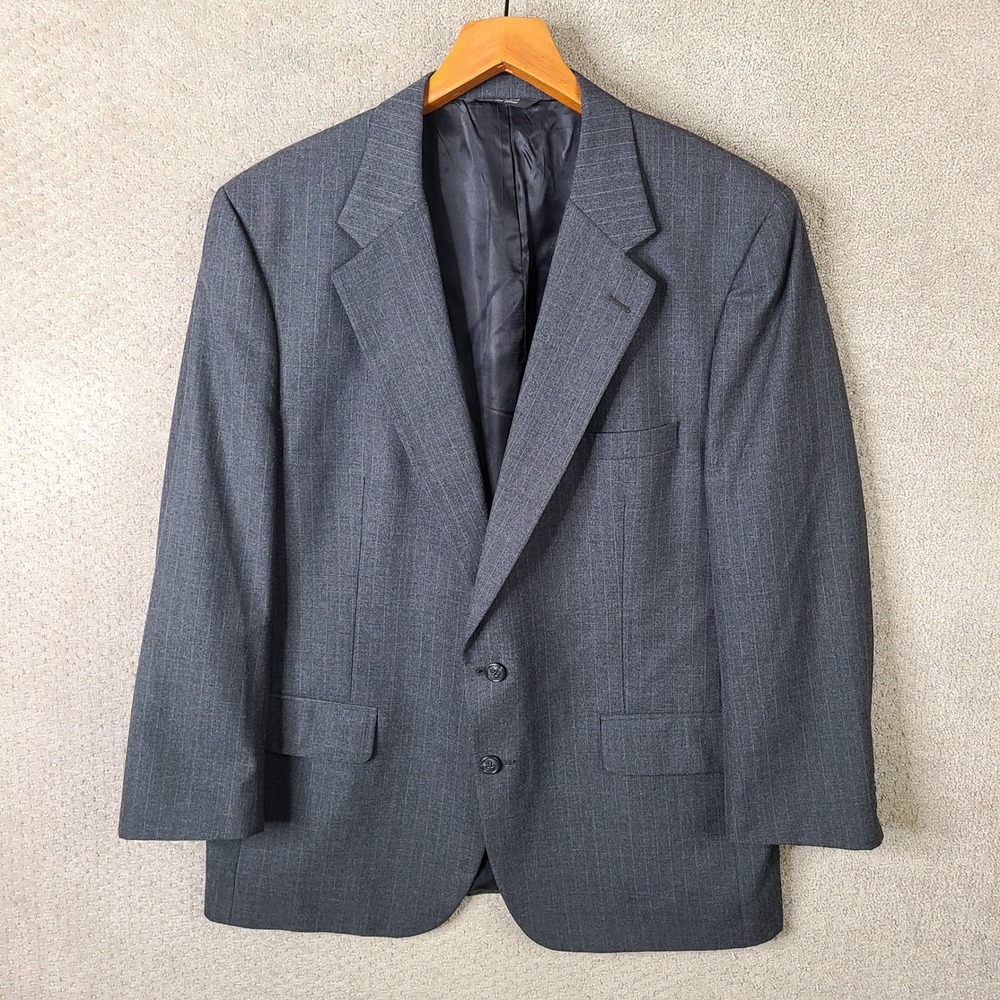 Custom‎ Designs Jacket Mens 46L Gray Striped Blazer Two Button Formal Suit Coat